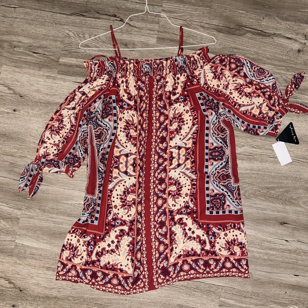 City Triangles Printed Off Shoulder 3/4 Sleeve Dress For Women Sz SL- NWT D17